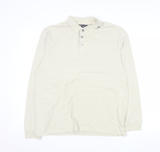 Marks and Spencer Men's Beige Long Sleeve Cotton Stretch Polo Medium
