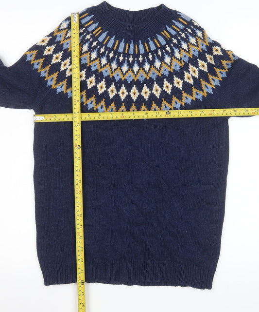 Fat Face Women's Navy Fair Isle Crew Neck Jumper UK 8 Wool Cotton Blend