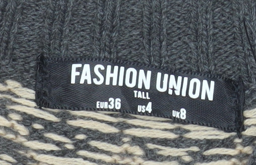 Fashion Union Women’s Grey Fair Isle High Neck Tall Jumper Size 8