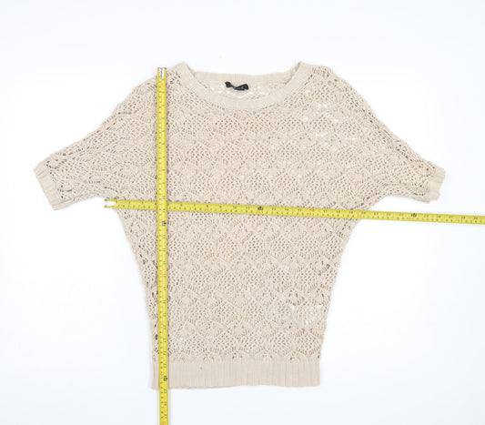 Amisu Womens Beige Crochet Short Sleeve Open-Knit Jumper XS