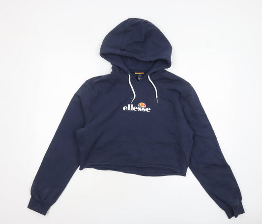 Ellesse Women's Navy Cropped Hoodie UK 14 Logo Sleeve Tape Cotton Blend