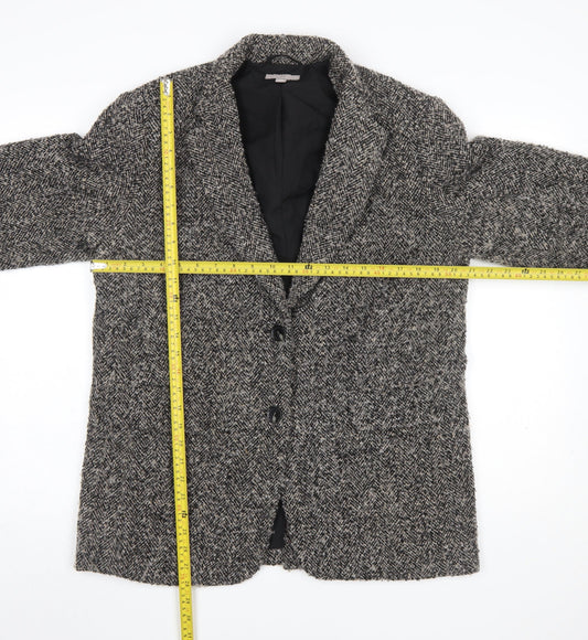 H&M Women Black Grey Tweed Wool Blend Single-Breasted Blazer Size 10