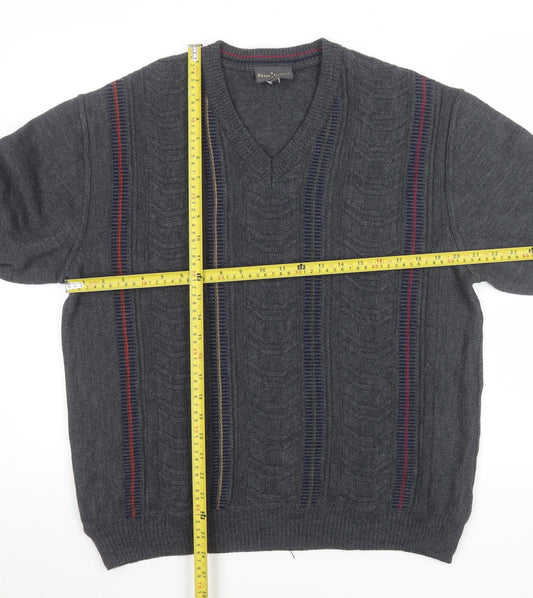 Peter Gribby Men’s Grey Cable-Knit Wool Blend V-Neck Jumper L