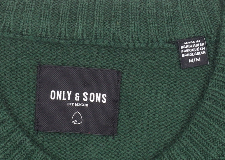 Brand and care label for Only & Sons Men’s Green Christmas Reindeer Jumper, size M, Pullover Knit