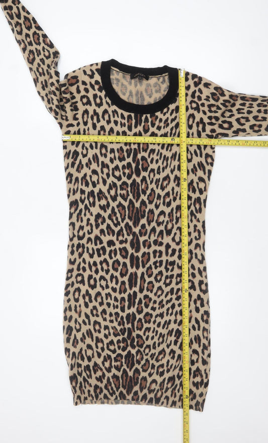 Jaeger Women Beige Leopard Knit Bodycon Dress XS Long Sleeve