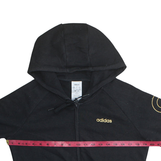 Adidas Women Black Full Zip Hoodie Size S 8-10 Gold Logo Fleece Sweatshirt