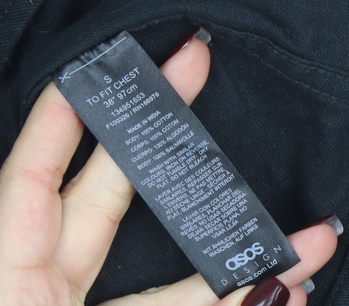 Brand and care label for ASOS Design Men's Black Cotton Zip Jacket, size S, Regular Fit