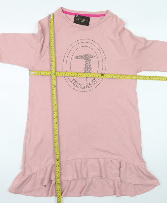 Trussardi Junior Girls Pink Cotton Rhinestone Logo Long Sleeve T-Shirt Dress 16 Years