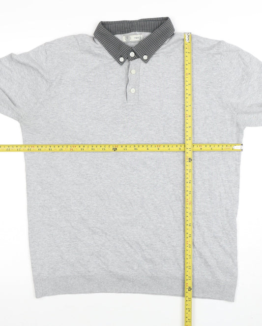 Next Men’s Grey Long Sleeve Button Collar Cotton Polo Shirt L