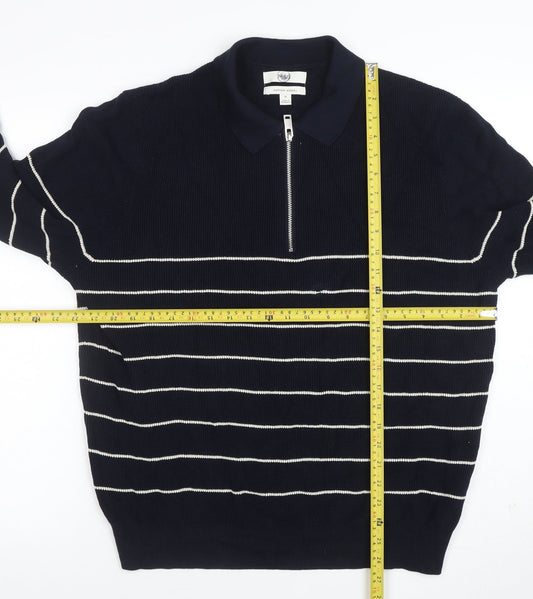 Marks and Spencer Mens Blue Striped Cotton Modal Zip Neck Polo XL