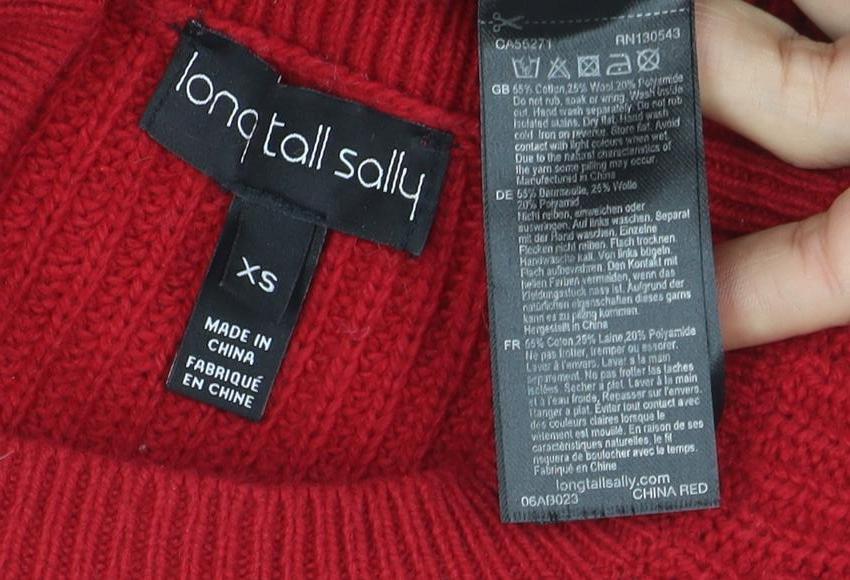 Brand and care label for Long Tall Sally women’s red wool chunky knit jumper xs