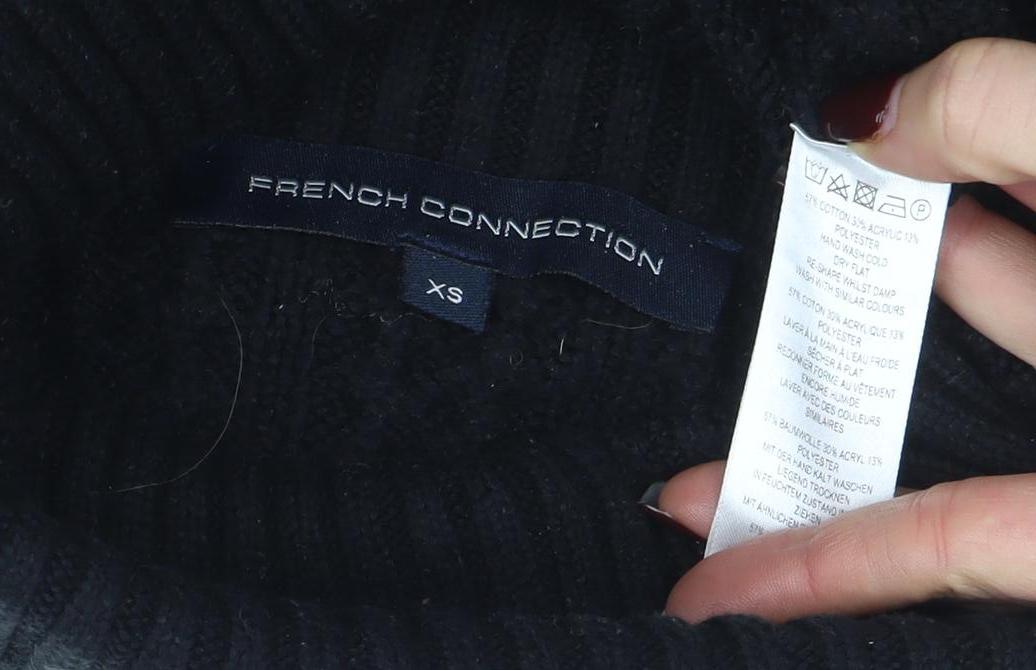 Brand and care label for French Connection women’s black xs cable knit roll neck jumper