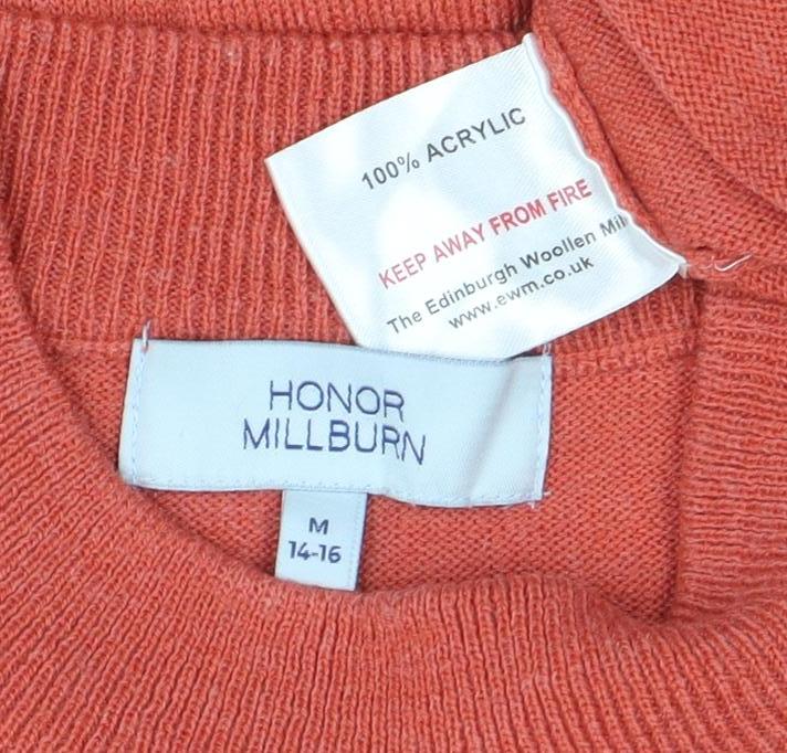 Brand and care label for Honor Millburn Women's Orange Cable-Knit Mock Neck Jumper M