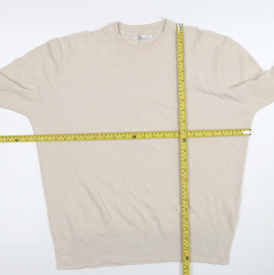 Zara Men's Beige Cotton Crew Neck Jumper Size M