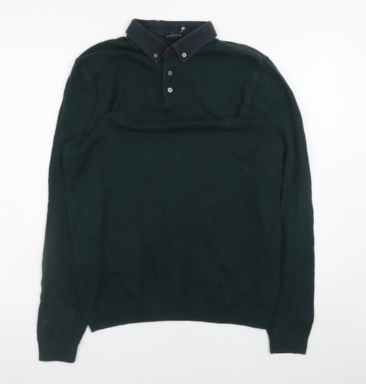 Next Mens Green Long Sleeve Polo Shirt Medium Cotton Blend