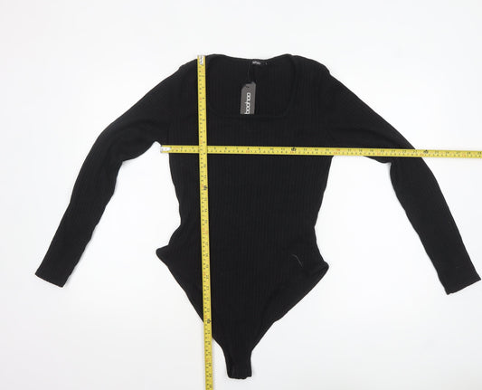 boohoo Women's Black Long Sleeve Ribbed Knit Bodysuit Size L