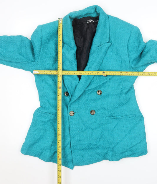 Zara Women Blue Double-Breasted Cotton Blazer Jacket Size L