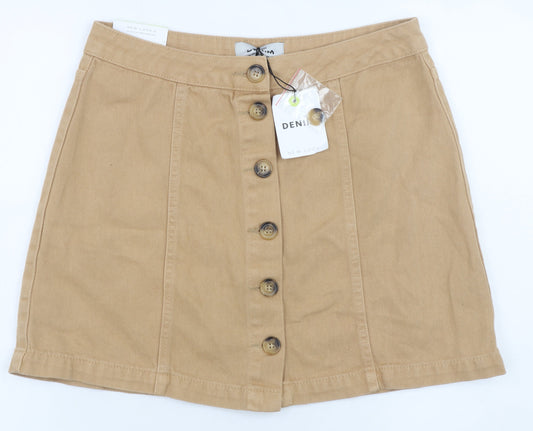 New Look Women Beige Cotton Denim A-Line Button Skirt UK 12