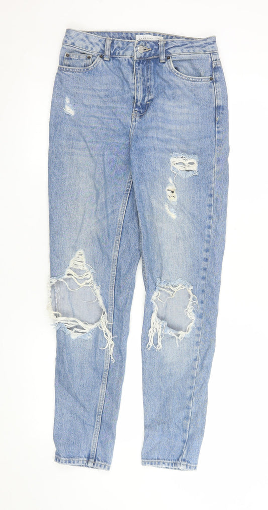 Topshop Womens Blue Distressed Mom Jeans Size 8 High Rise Denim