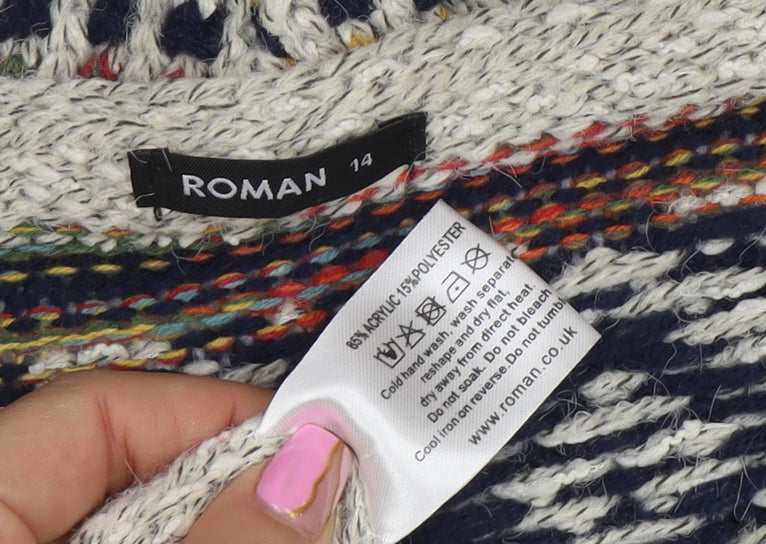 Roman Women’s Grey Fair Isle Knit Fringe Cardigan Size 14