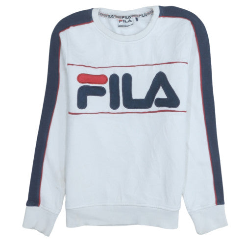 Fila Women White Sweatshirt UK 6 Crew Neck Cotton Blend Logo Sportswear