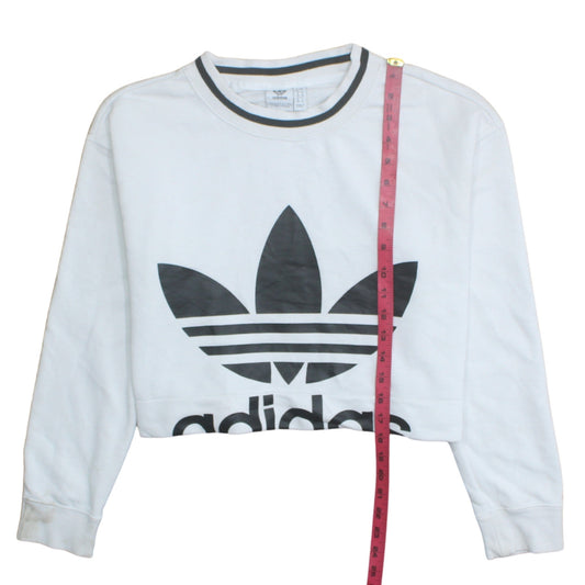 Adidas Women White Crop Sweatshirt UK 10 Crew Neck Long Sleeve Logo