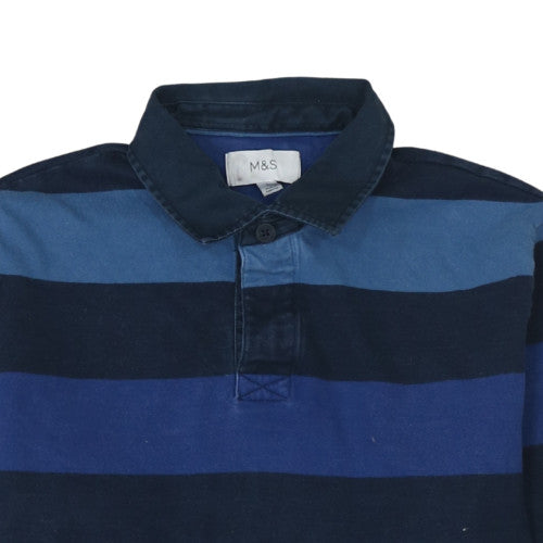 Marks and Spencer Men's Blue Striped Collared Henley Sweatshirt Size L
