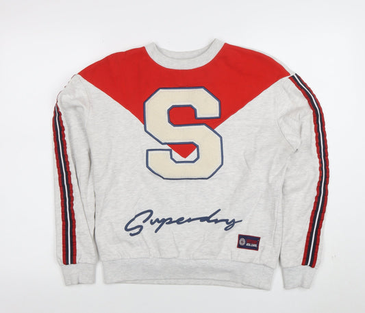 Superdry Womens Grey Red Crew Neck Sweatshirt Size S Varsity Style