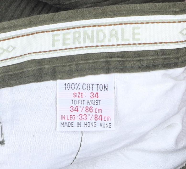 Ferndale Men's Green Corduroy Trousers Size 34 Regular Classic Fit