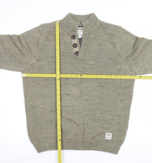 Threadbare Mens Green Henley Jumper L Wool Blend Knit Pullover