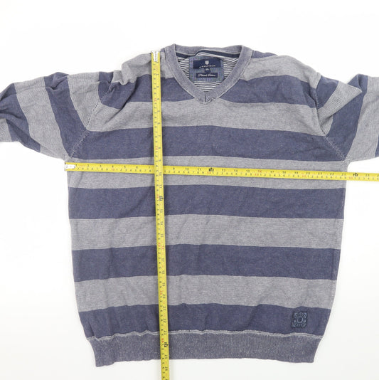 Basefield Men's Blue Striped V-Neck Cotton Jumper 2XL
