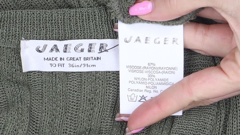 Brand and care label for Jaeger Women’s Green V-Neck Ribbed Knit Long Sleeve Cardigan, size UK 10