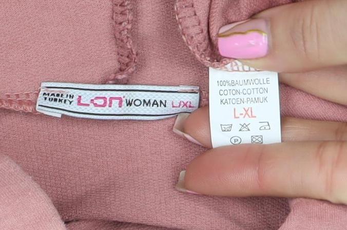 Brand and care label for LDR Woman Pink Hooded Pullover Hoodie Angel Print L XL Cotton
