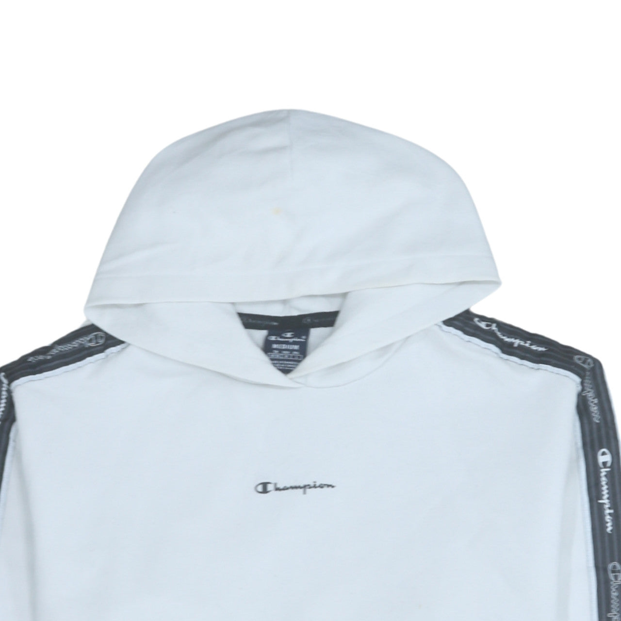 Champion Men White Pullover Hoodie Medium Logo Tape Sleeve Sportswear