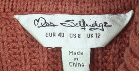 Brand and care label for Miss Selfridge Women’s Brown Roll Neck Acrylic Jumper, size UK 12