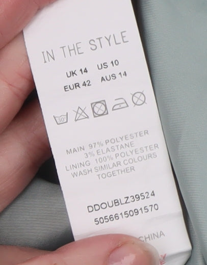 Brand and care label for In The Style Women's Mint Green Blazer Jacket UK 14 Polyester Blend
