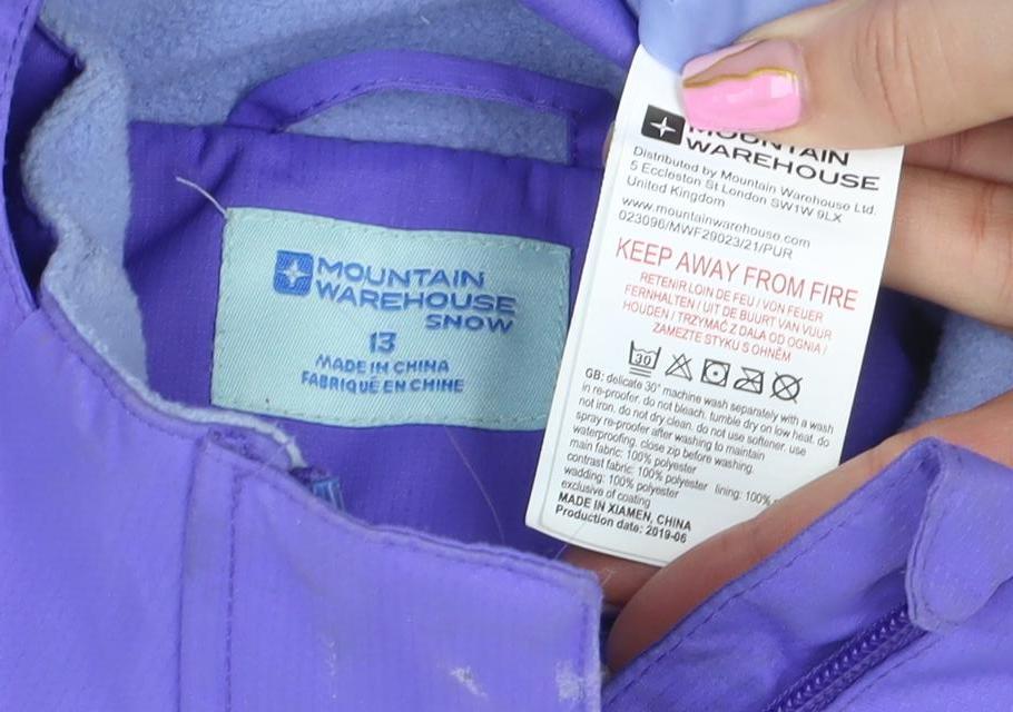 Brand and care label for Mountain Warehouse girls’ purple ski jacket 13 years waterproof hooded winter coat