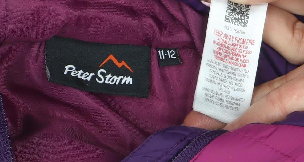 Brand and care label for Peter Storm girls’ purple puffer jacket 11-12 years hooded winter coat