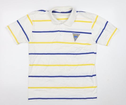 100% Wolves Men's White Striped Rugby Polo Shirt L Cotton Short Sleeve
