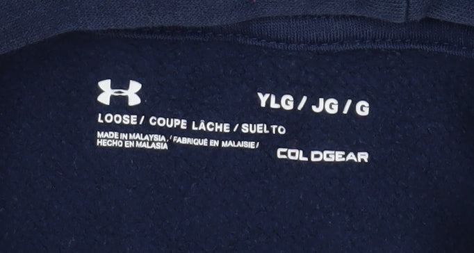 Brand and care label for Under Armour boys’ blue hoodie 13-14 years pullover fleece coldgear