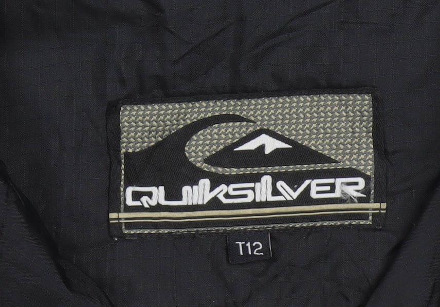 Brand and care label for Quiksilver boys’ black hooded zip windbreaker jacket 12 years