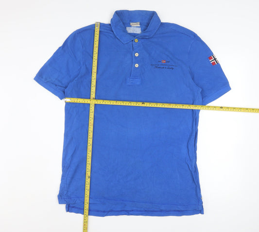 Napapijri Men’s Blue Cotton Polo Shirt Size L Embroidered Flag Logo