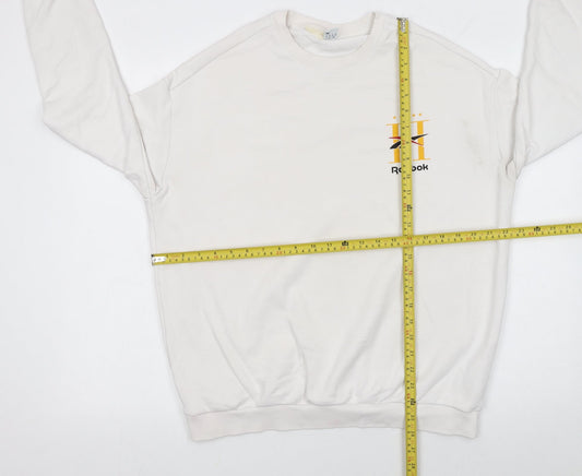 Reebok Women’s White Medium Pullover Sweatshirt – Logo Print Cotton Blend