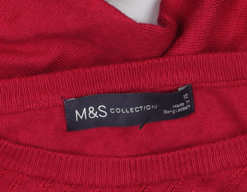 Marks and Spencer Women Red Size 12 Crew Neck Puff Sleeve Pullover Jumper