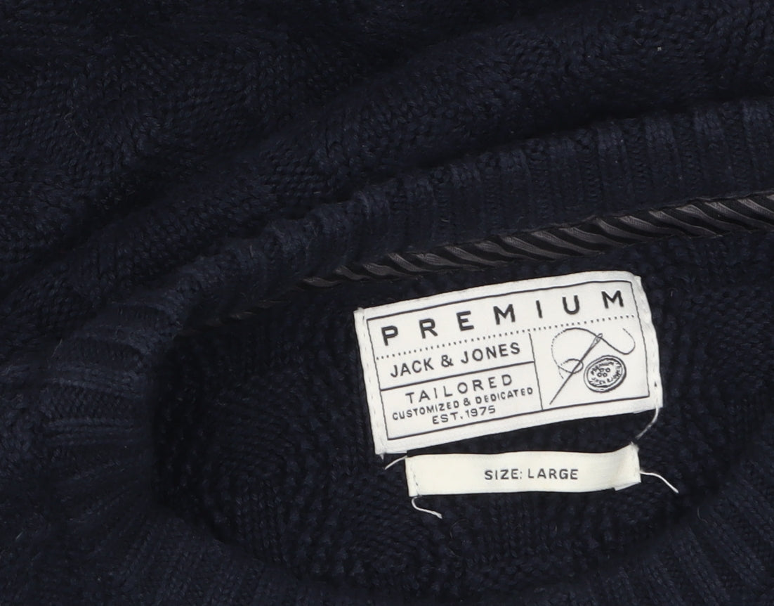 Jack & Jones Men's Blue Cotton Cable Knit Jumper Size L