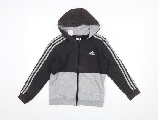 Adidas Boys Black Grey Full Zip Hoodie Size 11-12 Years Cotton Blend