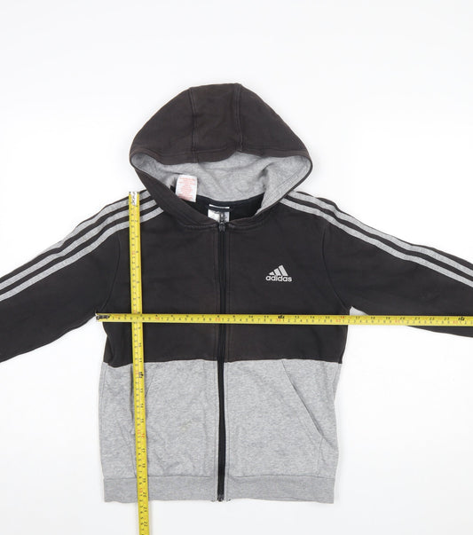 Adidas Boys Black Grey Full Zip Hoodie Size 11-12 Years Cotton Blend