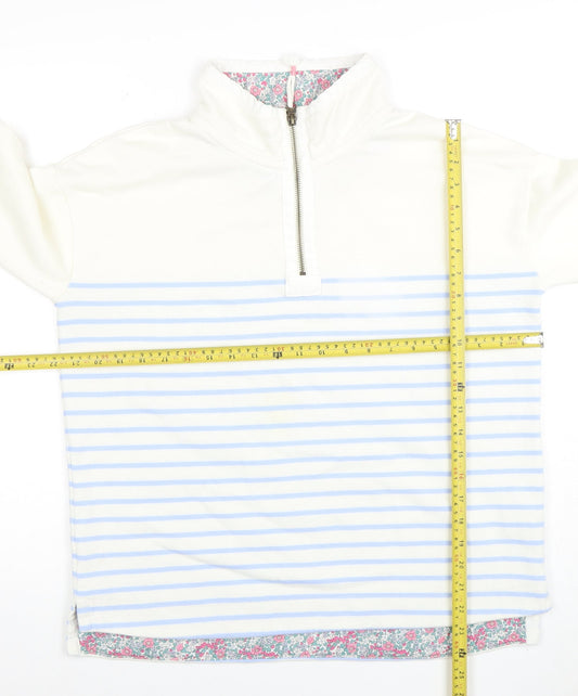Joules Women White Blue Striped 1/2 Zip Sweatshirt UK 12 Cotton Fleece