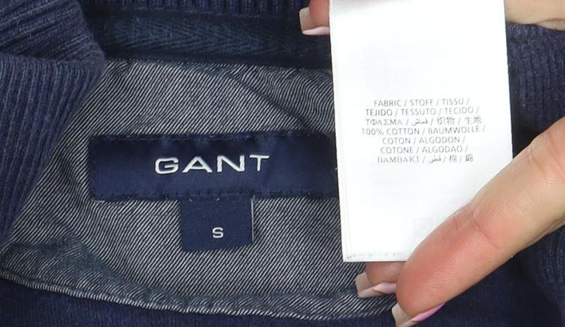 Brand and care label for GANT Men's Blue 1/4 Zip Cotton Sweatshirt, size S