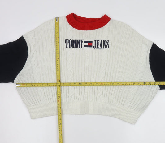 Tommy Jeans Women’s White Cable-Knit Crew Neck Logo Jumper XL